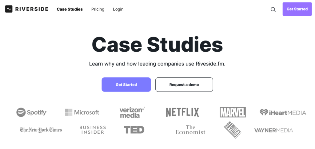 Image of the Riverside Case Studies page with client logos such as Netflix, Spotify, Microsoft, Business Insider, & Marvel listed. 