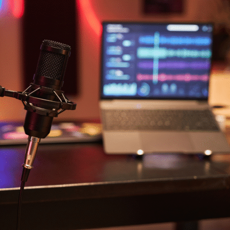 podcast-editing-tips-and-myths Podcast microphone on desk with laptop showing audio editing software, representing podcast recording and editing tips for entrepreneurs.
