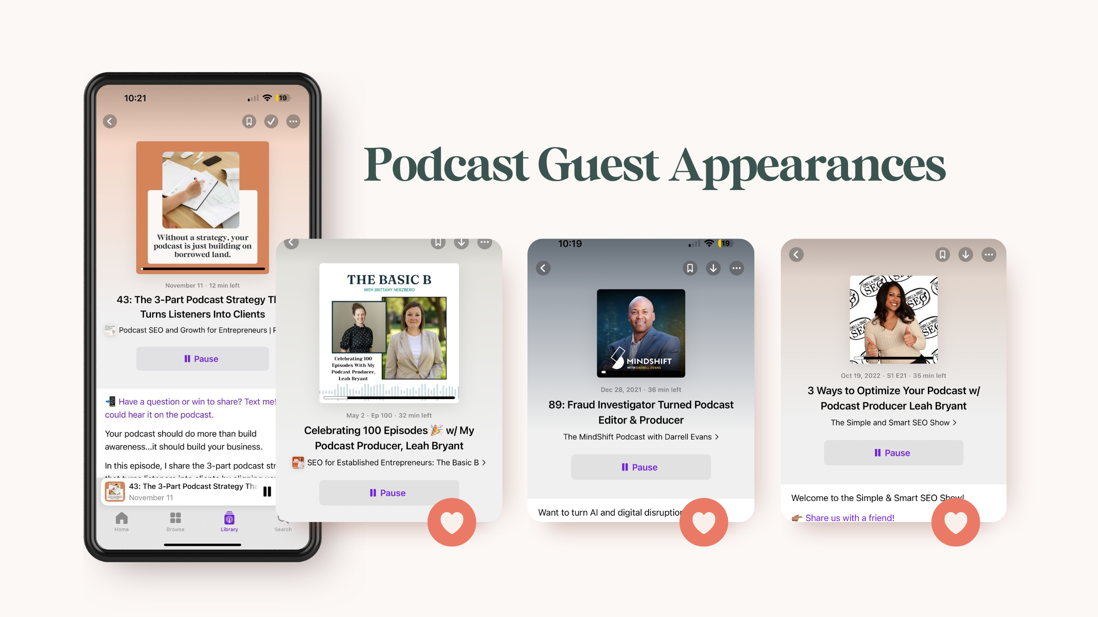 A collage of podcast player screenshots featuring Leah Bryant’s guest appearances on multiple shows, highlighting podcast strategy, SEO, and growth tips to help podcasters improve their visibility and expand their audience.