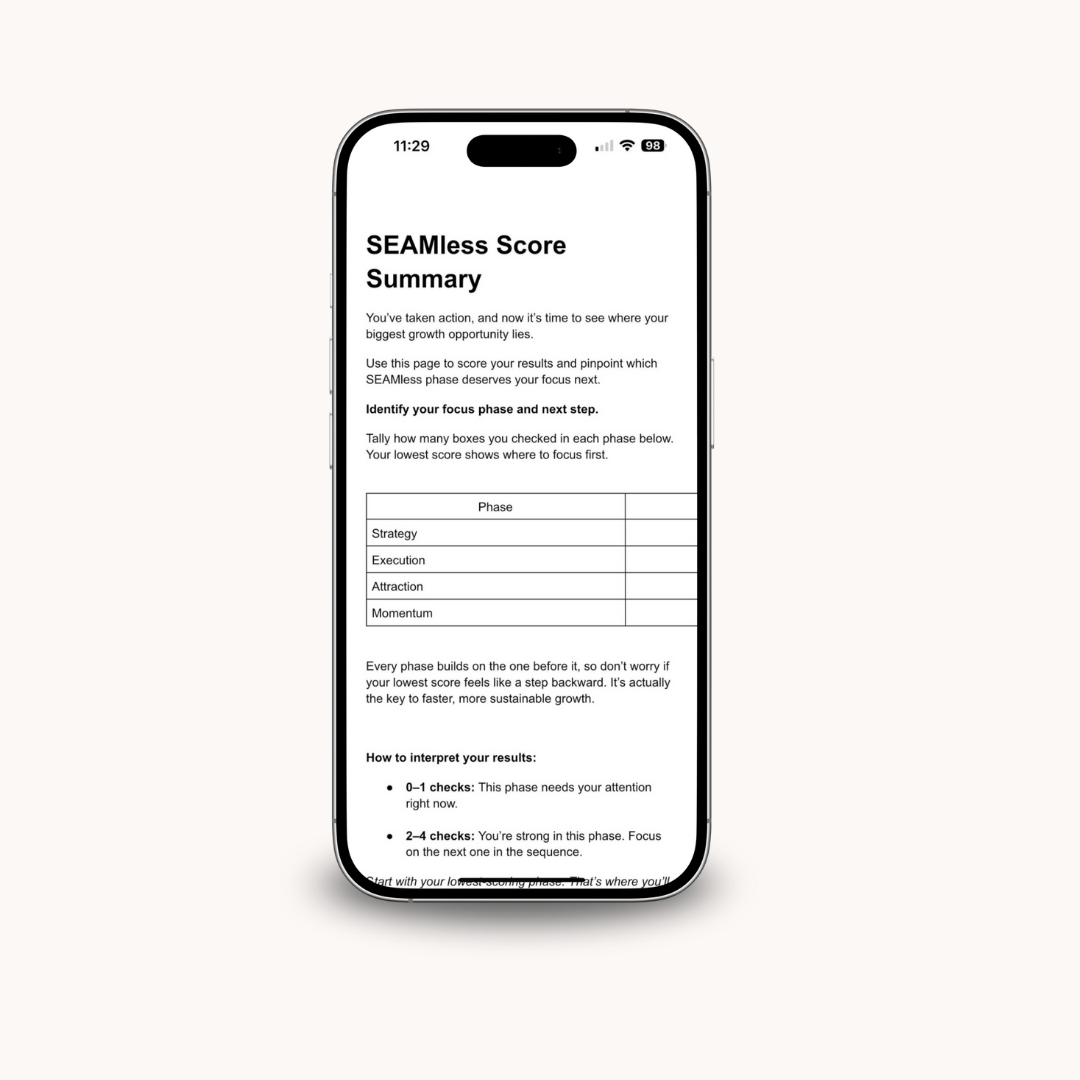 Screenshot preview of the SEAMless Podcast Growth Checklist by Leah Bryant, featuring the SEAMless Score Summary page that helps podcasters identify which phase of their show—Strategy, Execution, Attraction, or Momentum—needs attention to grow sustainably.