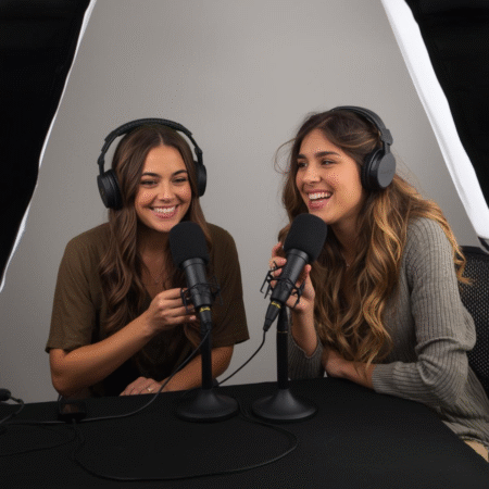 Two women recording a podcast together in a studio, smiling and speaking into microphones — representing collaboration, conversation, and podcast content repurposing for entrepreneurs with Leah Bryant Co.