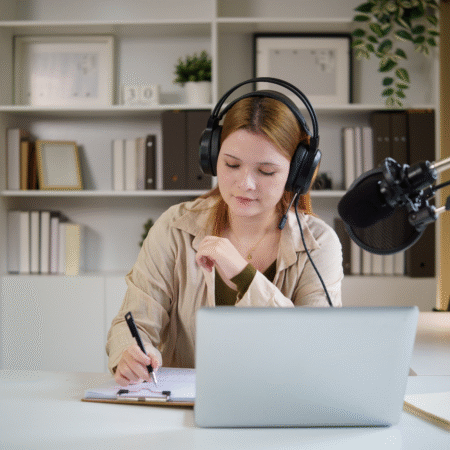 A woman wearing headphones records a podcast at her desk, taking notes beside a microphone and laptop—illustrating podcast cover art planning and content strategy.