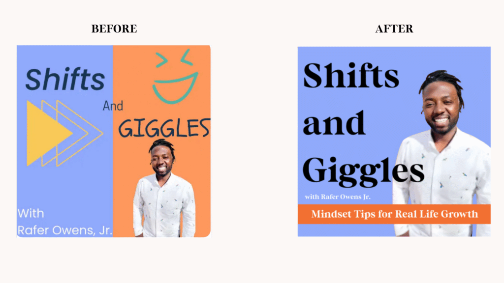 Before and after podcast cover art optimization showing clearer title and tagline