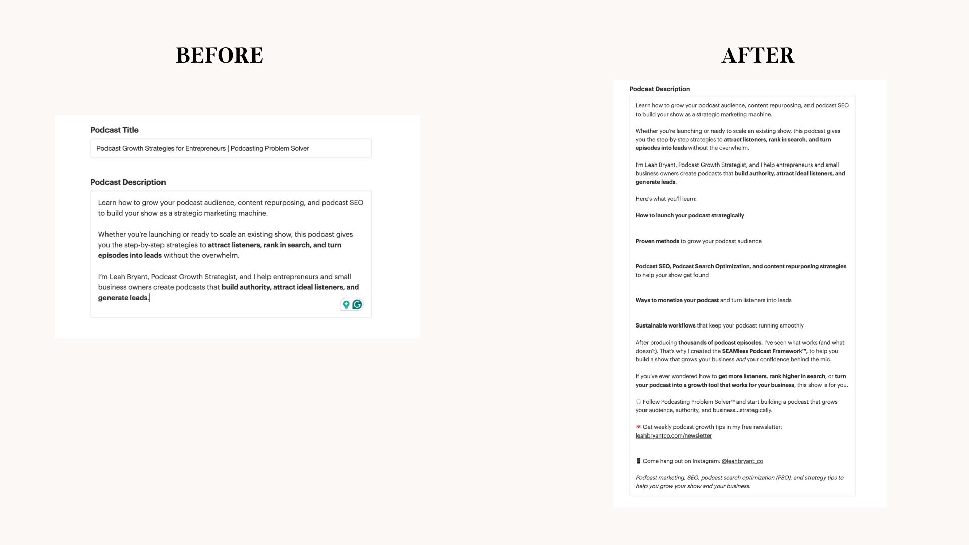 Comparison of poorly optimized podcast episode description versus SEO-optimized description with keywords and clear benefits