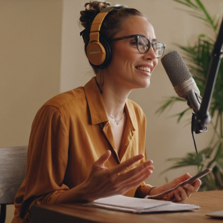 Woman recording a podcast episode at a microphone while reviewing podcast conversion tracking notes