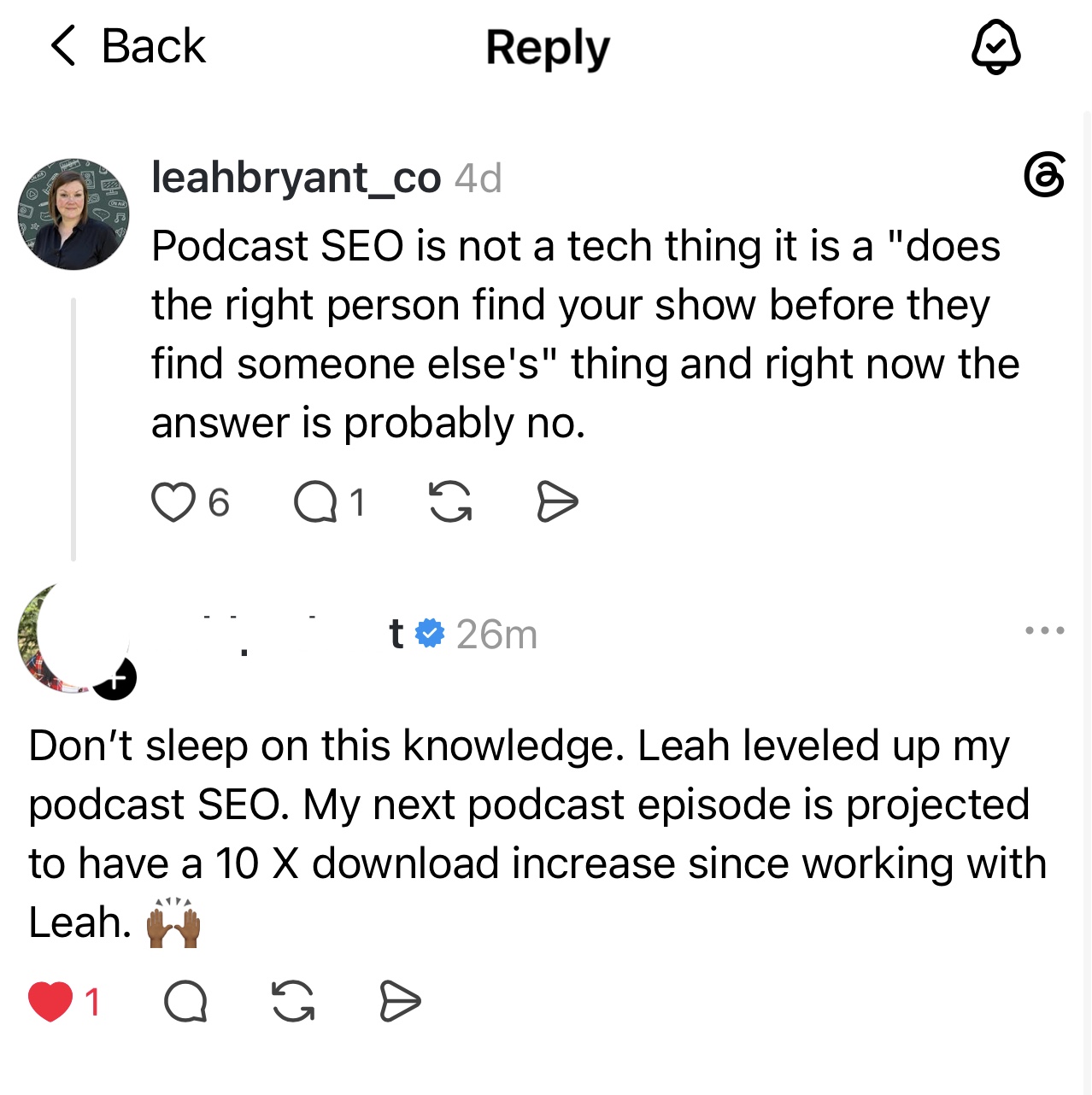 Podcast SEO is not a tech thing it is a "does the right person find your show before they find someone else's" thing and right now the answer is probably no. Don't sleep on this knowledge. Leah leveled up my podcast SEO. My next podcast episode is projected to have a 10 X download increase since working with Leah.